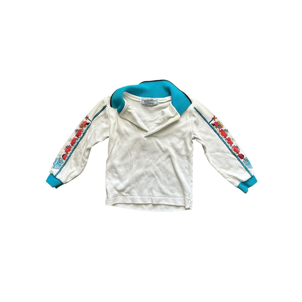 Vintage 90s OshKosh B'Gosh Train Sleeve Polo Shirt White Blue Size 24M USA Madr